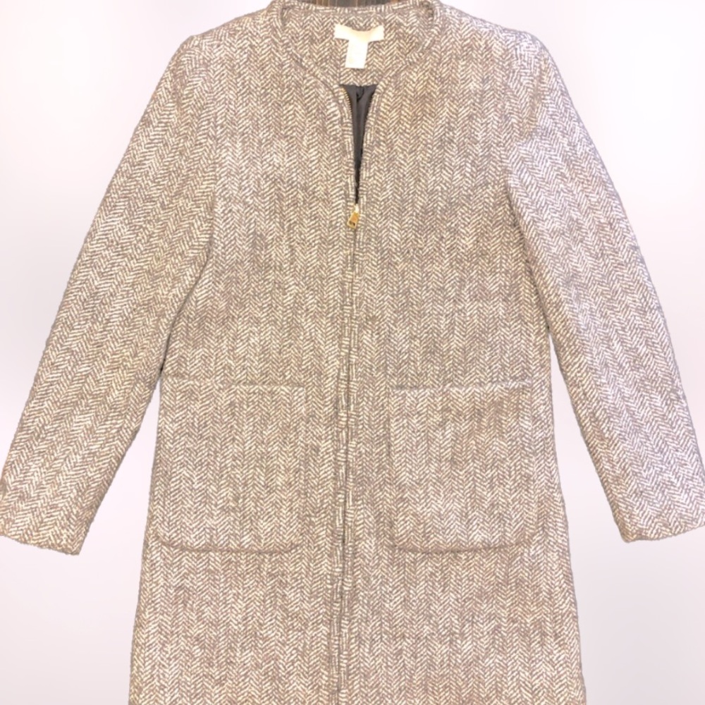 NWOT H&M Beautiful Herringbone Wool Blend Zip Up Coat Gray & White SZ 6